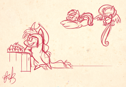 Size: 1280x881 | Tagged: safe, artist:fluttershythekind, applejack, fluttershy, rainbow dash, g4, apple, monochrome