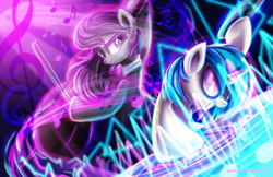 Size: 2000x1294 | Tagged: safe, artist:jadedjynx, dj pon-3, octavia melody, vinyl scratch, g4, 100th episode, cello, classical, dubstep, musical instrument