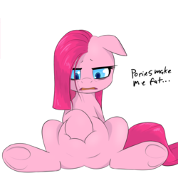 Size: 1000x1000 | Tagged: source needed, safe, artist:[redacted], pinkie pie, earth pony, pony, g4, belly, chubby, cute, cuteamena, female, implied cannibalism, implied death, implied vore, mare, pinkamena diane pie, solo, underhoof