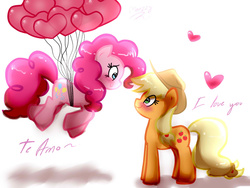 Size: 1024x768 | Tagged: safe, artist:librebutterfly, applejack, pinkie pie, earth pony, pony, g4, balloon, blushing, cowboy hat, female, hat, heart, heart balloon, lesbian, mare, ship:applepie, shipping, smiling, stetson, then watch her balloons lift her up to the sky