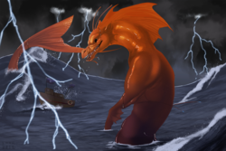 Size: 1200x800 | Tagged: safe, artist:dicelion, oc, oc only, oc:clarion call, siren, boat, lightning, ocean, solo, storm