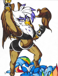 Size: 1675x2202 | Tagged: safe, artist:armpit-warrior, gilda, rainbow dash, griffon, anthro, g4, armpits, backbend, bruised, clothes, compression shorts, fight, fingerless gloves, gloves, knockout, midriff, mma, sports bra, stepped on, traditional art, trampling