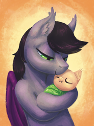 Size: 1535x2048 | Tagged: safe, artist:mav, oc, oc only, oc:aux, bat pony, pony, cradling, foal