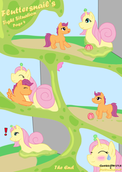 Size: 744x1052 | Tagged: safe, artist:fishinabarrrel, artist:onebigthistle, scootaloo, original species, pegasus, pony, snail, snail pony, g4, ball, blank flank, blushing, comic, crack, exclamation point, eyes closed, fluttersnail, hug, smiling, snailified, species swap, sweat, sweatdrop, wingless