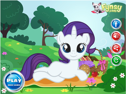 Size: 703x526 | Tagged: safe, rarity, oc, oc:fynsy, cat, pony, g4, blank flank, bootleg, cookie, cute, eating, female, filly, flash game, furry, fynsy, happy, lying down, picnic, smiling, solo