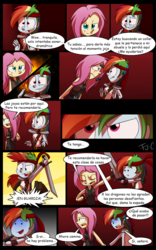 Size: 800x1280 | Tagged: safe, artist:fj-c, fluttershy, rainbow dash, equestria girls, g4, comic, dialogue, fantasy equestria, humanized, spanish, sword