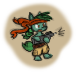 Size: 652x615 | Tagged: safe, artist:zutcha, oc, oc only, oc:lonely day, earth pony, pony, fanfic:the last pony on earth, ponies after people, assault rifle, bandana, bipedal, clothes, female, gun, hooves, illustration, mare, open mouth, p90, ponytail, rifle, solo, weapon