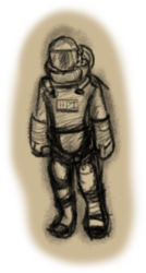Size: 434x810 | Tagged: safe, artist:zutcha, human, fanfic:the last pony on earth, ponies after people, barely pony related, illustration, monochrome, radiation suit, solo, spoiler