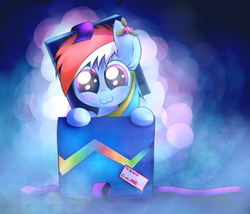 Size: 2800x2400 | Tagged: safe, artist:heavymetalbronyyeah, rainbow dash, pony, :3, abstract background, blushing, christmas, cute, dashabetes, female, high res, looking at you, mare, pony in a box, present, smiling, solo, wingless