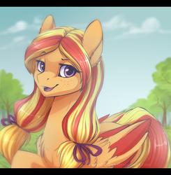 Size: 837x854 | Tagged: safe, artist:rrusha, oc, oc only, pegasus, pony, chest fluff, colored wings, colored wingtips, ear fluff, freckles, letterboxing, multicolored hair, multicolored wings, smiling, solo, tree