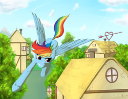 Size: 2500x1939 | Tagged: safe, artist:twotail813, rainbow dash, rcf community, g4, butt, female, flying, plot, ponyville, solo