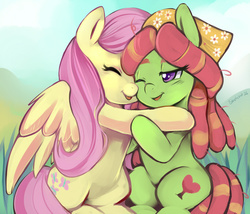 Size: 990x847 | Tagged: safe, artist:ende26, fluttershy, tree hugger, pegasus, pony, g4, cute, duo, eyes closed, female, friendshipping, hug, huggerbetes, lesbian, mare, one eye closed, open mouth, ship:flutterhugger, shipping, shyabetes