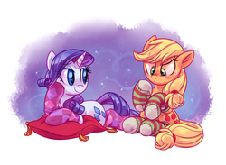 Size: 4500x3300 | Tagged: safe, artist:whitediamonds, applejack, rarity, earth pony, pony, unicorn, rarijack daily, g4, blushing, clothes, cute, duo, duo female, female, freckles, frown, high res, lesbian, mare, missing accessory, pillow, ship:rarijack, shipping, smiling, socks, striped socks