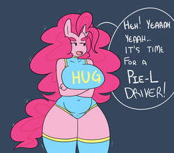 Size: 1280x1120 | Tagged: safe, artist:somescrub, pinkie pie, earth pony, anthro, hugtastic pinkie pie, g4, ambiguous facial structure, breasts, busty pinkie pie, female, plump, pun, solo, wrestling