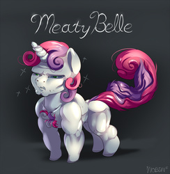 Size: 1200x1231 | Tagged: safe, artist:noben, sweetie belle, pony, unicorn, g4, buff, chest hair, female, fetish, filly, meaty belle, muscle fetish, muscles, solo, stubble, sweetie barbell, wat