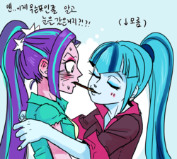 Size: 1000x900 | Tagged: safe, artist:han_hyui, aria blaze, sonata dusk, equestria girls, g4, blushing, eyes closed, female, korean, lesbian, pocky, pocky game, ship:arisona, shipping, translated in the comments