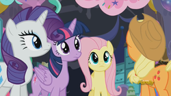 Size: 1277x716 | Tagged: safe, screencap, applejack, fluttershy, rarity, twilight sparkle, alicorn, pony, g4, party pooped, twilight sparkle (alicorn)