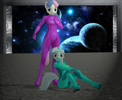 Size: 1554x1272 | Tagged: safe, artist:odiz, bon bon, lyra heartstrings, sweetie drops, earth pony, anthro, g4, 3d, bodysuit, clothes, costume, crossover, metroid, zero suit