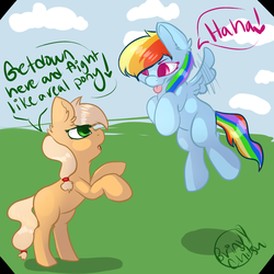 Size: 2000x2000 | Tagged: safe, artist:chitsu, applejack, rainbow dash, pony, g4, cute, filly, high res, outdoors, teasing