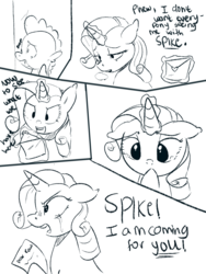 Size: 1280x1700 | Tagged: safe, artist:mrscurlystyles, rarity, spike, comic:love letters, g4, boop, comic, crying, female, floppy ears, glare, levitation, magic, male, monochrome, open mouth, romance, ship:sparity, shipping, straight, telekinesis