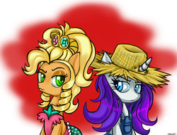 Size: 1315x1000 | Tagged: safe, artist:reapers969, applejack, rarity, g4, simple ways, applejewel, clothes, dress, hat, overalls, rarihick, straw hat