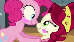 Size: 473x269 | Tagged: editor needed, safe, edit, edited screencap, screencap, cherry jubilee, pinkie pie, g4, party pooped, season 5, bedroom eyes, blush sticker, blushing, boop, cherrypie, discovery family logo, eye contact, female, grin, lesbian, ms paint, nose wrinkle, noseboop, shipping, smiling