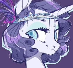 Size: 762x715 | Tagged: safe, artist:amphoera, rarity, pony, unicorn, g4, alternate hairstyle, bust, eyeshadow, fashion, female, flapper, lidded eyes, makeup, mare, portrait, purple background, rarity month, simple background, solo