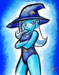 Size: 725x918 | Tagged: safe, artist:zutcha, trixie, equestria girls, g4, blushing, clothes, crossed arms, female, hat, one-piece swimsuit, solo, swimsuit, trixie's hat