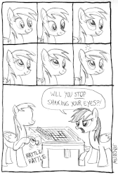 Size: 641x954 | Tagged: safe, artist:kturtle, derpy hooves, rainbow dash, pegasus, pony, g4, comic, detachable eyes, dialogue, female, gif, mare, modular, monochrome, non-animated gif, saw, scrabble, table, the big snit, traditional art