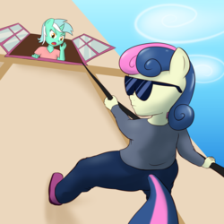 Size: 1000x1000 | Tagged: safe, artist:empyu, bon bon, lyra heartstrings, sweetie drops, earth pony, anthro, g4, slice of life (episode), duo, female, grappling hook, lesbian, rappelling, rope, scene interpretation, secret agent sweetie drops, ship:lyrabon, shipping, sunglasses