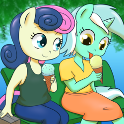 Size: 1000x1000 | Tagged: safe, artist:empyu, bon bon, lyra heartstrings, sweetie drops, earth pony, unicorn, anthro, g4, adorabon, bench, clothes, cute, duo, eating, female, food, horn, ice cream, lesbian, lyrabetes, pants, ship:lyrabon, shipping, shirt, skirt, smiling, tongue out