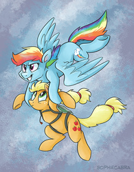 Size: 680x870 | Tagged: safe, artist:spainfischer, applejack, rainbow dash, earth pony, pegasus, pony, g4, duo, flying, grin, parachute, sky, skydiving, smiling, spread wings