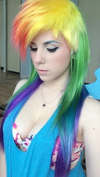 Size: 640x1136 | Tagged: safe, artist:norikat, rainbow dash, human, g4, cleavage, clothes, contact lens, cosplay, female, irl, irl human, multicolored hair, photo, rainbow hair, solo, tank top