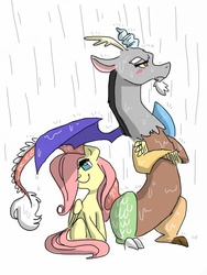 Size: 600x800 | Tagged: safe, artist:inverseskies, discord, fluttershy, draconequus, pegasus, pony, g4, crossed arms, cute, disdere, female, hair over one eye, male, mare, no pupils, rain, ship:discoshy, shipping, straight, tsundere, umbrella, wet