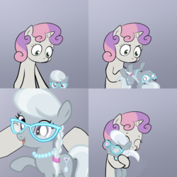 Size: 2000x2000 | Tagged: safe, silver spoon, sweetie belle, g4, cute, exploitable meme, female, high res, hug, lesbian, meme, ship:silverbelle, shipping, silverbetes, size difference, sweet dreams fuel, sweetie's note meme