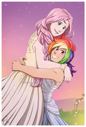 Size: 850x1247 | Tagged: safe, artist:hazurasinner, fluttershy, rainbow dash, human, g4, cute, female, humanized, lesbian, ship:flutterdash, shipping, watermark, wedding