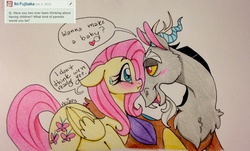 Size: 2488x1503 | Tagged: safe, artist:ameliacostanza, discord, fluttershy, g4, female, male, ship:discoshy, shipping, straight, traditional art