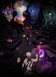 Size: 4000x5495 | Tagged: safe, artist:thenornonthego, king sombra, princess celestia, princess luna, queen chrysalis, twilight sparkle, alicorn, changeling, changeling queen, human, umbrum, g4, angry, barrier, eye, eyes, fanfic art, fanfic cover, female, looking down, magic bubble, male, mare, red eyes, royal sisters, siblings, sisters, twilight sparkle (alicorn)