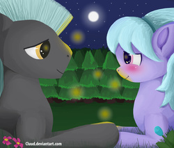 Size: 2733x2333 | Tagged: safe, artist:cluud, cloudchaser, thunderlane, firefly (insect), pegasus, pony, g4, blushing, cloud, cute, female, flower, forest, high res, holding hooves, love, male, mare, moon, night, ship:thunderchaser, shipping, stallion, stars, straight, together forever