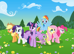 Size: 4694x3426 | Tagged: safe, artist:flarescale, artist:theshadowstone, applejack, fluttershy, pinkie pie, rainbow dash, rarity, spike, twilight sparkle, alicorn, pony, g4, cloud, cloudy, female, flower, happy, mane seven, mane six, mare, meadow, mountain, tree, twilight sparkle (alicorn), wallpaper