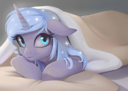Size: 2800x2000 | Tagged: safe, artist:santagiera, princess luna, alicorn, pony, g4, bed, blanket, cute, female, filly, floppy ears, high res, looking at you, looking up, lunabetes, mare, prone, s1 luna, smiling, solo, woona, younger