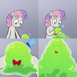 Size: 2000x2000 | Tagged: safe, smooze, sweetie belle, g4, crossing the memes, exploitable meme, high res, meme, size difference, sweetie's note meme, undersmooze