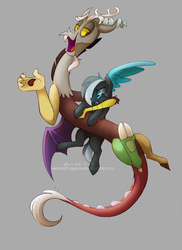 Size: 581x800 | Tagged: safe, artist:elbdot, discord, oc, oc:clarion call, draconequus, pony, g4, commissioner:hazelhooves, duo, gray background, holding, holding a pony, male, mismatched legs, mismatched wings, simple background, spread wings, url, watermark, wings