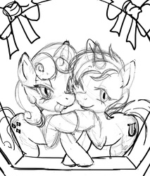 Size: 1693x1984 | Tagged: source needed, safe, artist:nauth, bon bon, lyra heartstrings, sweetie drops, earth pony, pony, unicorn, g4, slice of life (episode), female, grayscale, lesbian, monochrome, ship:lyrabon, shipping, sketch, tongue out, wip