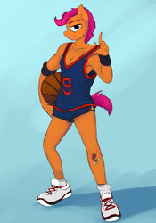 Size: 896x1280 | Tagged: safe, artist:gordonfreeguy, scootaloo, anthro, ball, bandaid, basketball, clothes, female, shoes, shorts, solo, sports, sports outfit, sports shorts, sweatband, tanktop, tongue out