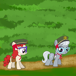 Size: 1000x1000 | Tagged: safe, artist:samey90, silver spoon, twist, g4, clothes, cute, filly, filly guides, forest, glasses, looking at you, saddle bag, silverbetes, silvertwist, uniform