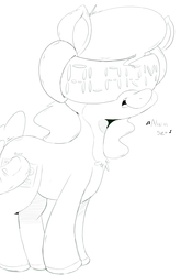 Size: 1271x1920 | Tagged: safe, artist:purple-yoshi-draws, oc, oc only, oc:allie, alarm clock pony, object pony, original species, alarm clock, monochrome, ponified, solo