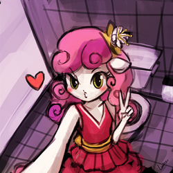 Size: 750x750 | Tagged: safe, artist:lumineko, sweetie belle, equestria girls, g4, 30 minute art challenge, duckface, fall formal outfits, female, heart, peace sign, ponied up, selfie, solo, toilet