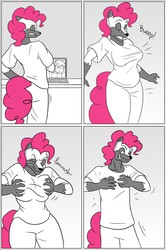 Size: 852x1280 | Tagged: safe, artist:clock-face, pinkie pie, earth pony, anthro, comic:pinkie sense, g4, breast expansion, breast reduction, breasts, busty pinkie pie, comic, female, pinkie sense, rule 63, transformation, transgender transformation