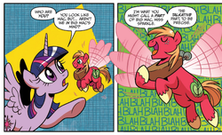 Size: 673x408 | Tagged: safe, artist:brenda hickey, idw, official comic, big macintosh, twilight sparkle, alicorn, pony, friends forever #17, g4, my little pony: friends forever, spoiler:comic, comic, duo, fairy wings, female, flying, male, mare, speech bubble, talkative macintosh, twilight sparkle (alicorn)